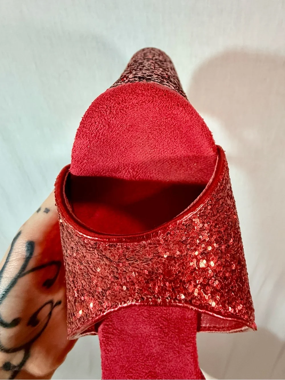 Pleaser 10” BEYOND Size 8 Red Glitter Platform dance heels with Ankle Strap